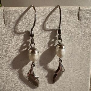 Nature Inspired Acorn Pearl Leaf Silver Drop Earrings
